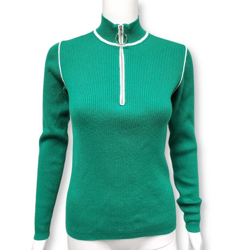 MAJE Women’s Green Zip Front Ribbed Cotton Blend Turtleneck Sweater Size 2 Small